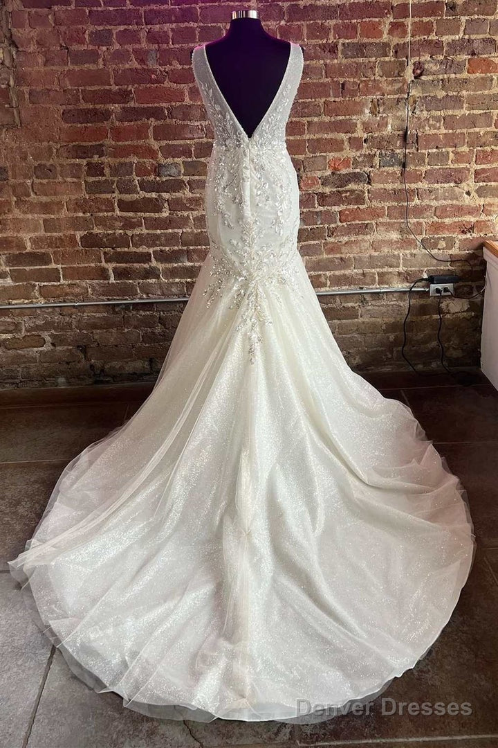 Mermaid White Tulle Lace Plunge V Long Wedding Dress Open Back
