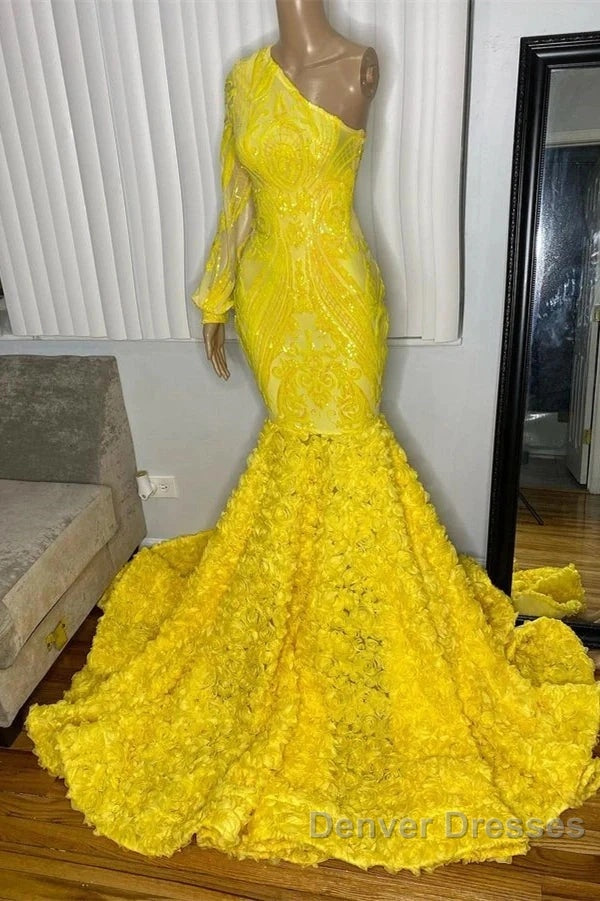 Mermaid Yellow One Shoulder  Long Sleeve Prom Dress Secondary image