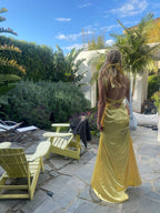 Mermaid Yellow Silk Satin Evening Party Dress Long Backless Prom Dress