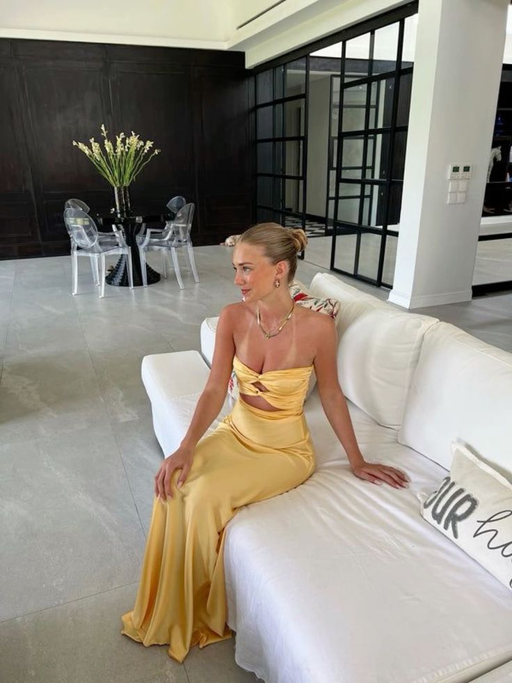Mermaid Yellow Silk Satin Evening Party Dress Long Prom Dress Main image