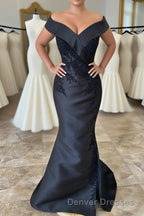 Black Floral Appliques Off-Shoulder Mermaid Long Mother of Bride Dress with Slit