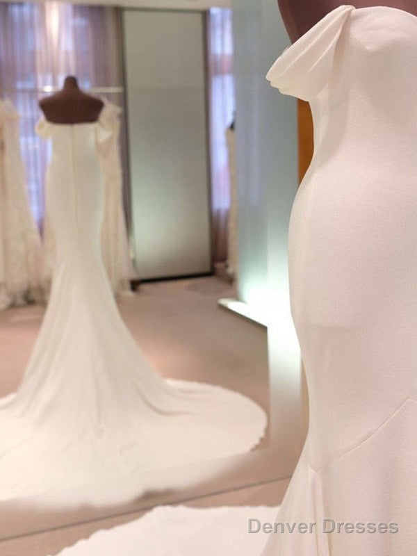 Minimalist Tight Fitting Off The Shoulder Short Sleeved And Floor Length Off The Back Wedding Dress Secondary image