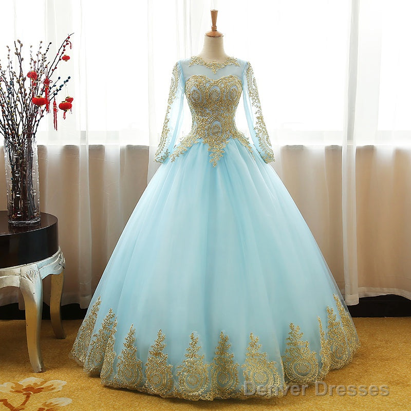 Mint Blue Long Sleeves With Gold Lace Long Party Dress, Tulle Round Neckline Sweet 16 Dress Secondary image