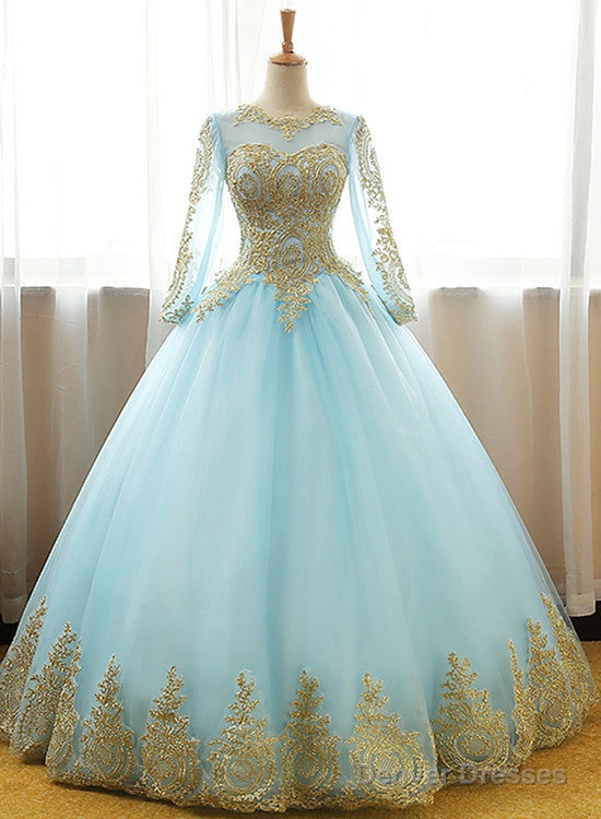 Mint Blue Long Sleeves With Gold Lace Long Party Dress, Tulle Round Neckline Sweet 16 Dress Main image