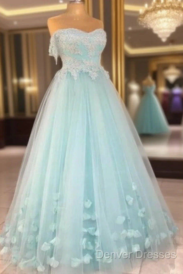 Mint Blue Sweetheart Tulle With Lace And Flowers Formal Dress, Tulle Long Prom Dress Party Dress Main image