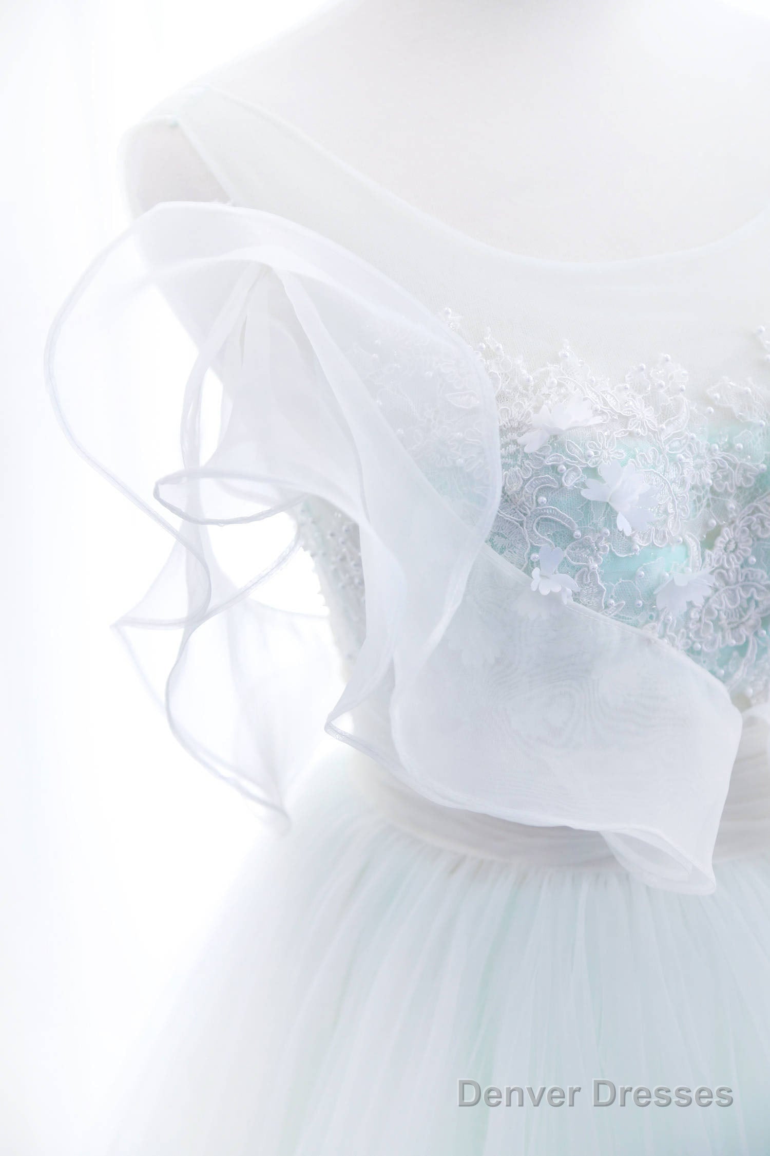 Mint Green And White Glam Tulle With Lace Long Wedding Party Dress, Beautiful Formal Dresses Secondary image