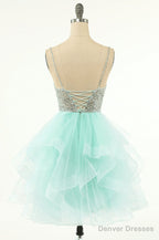 Mint Green Beaded Layered Tulle Homecoming Dress