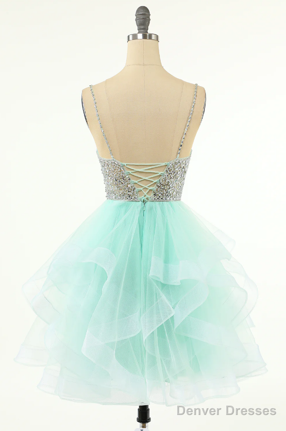 Mint Green Homecoming Dresses Straps V-Neck Multi-Layer Beaded Prom Dresses
