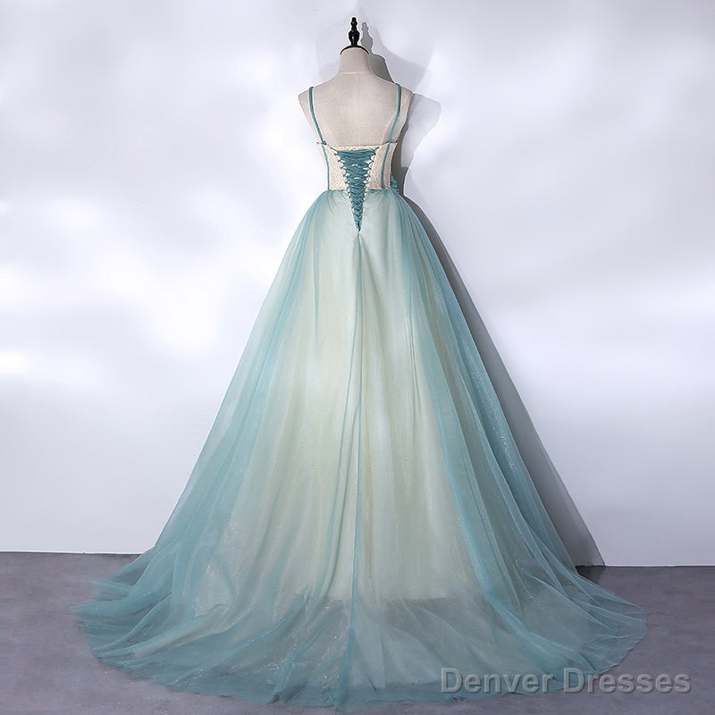 Mint Green Long Tulle with Lace Sweet 16 Dress, Long Party Dresses