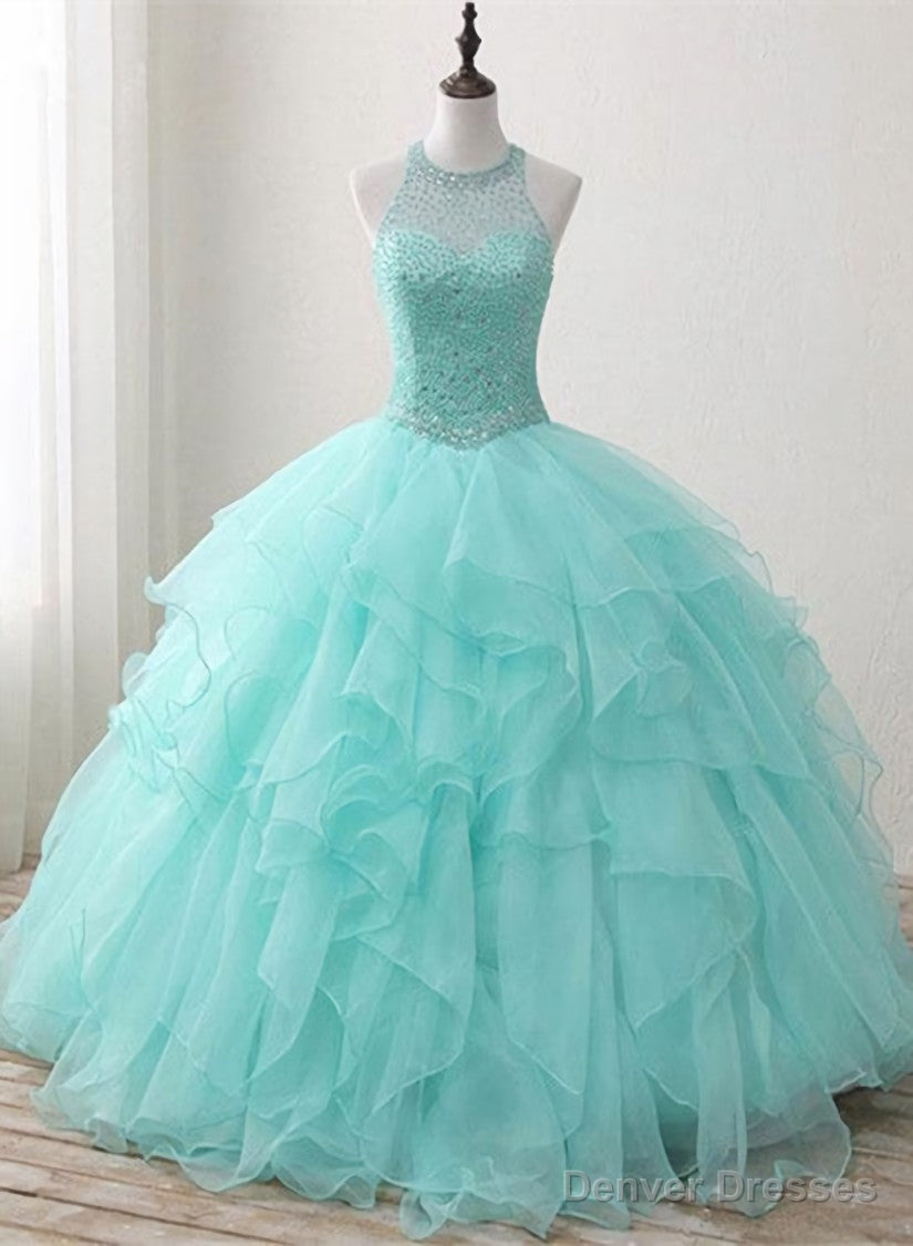 Mint Green Organza and Beaded Long Sweet 16 Dress, Handmade Formal Dress Main image