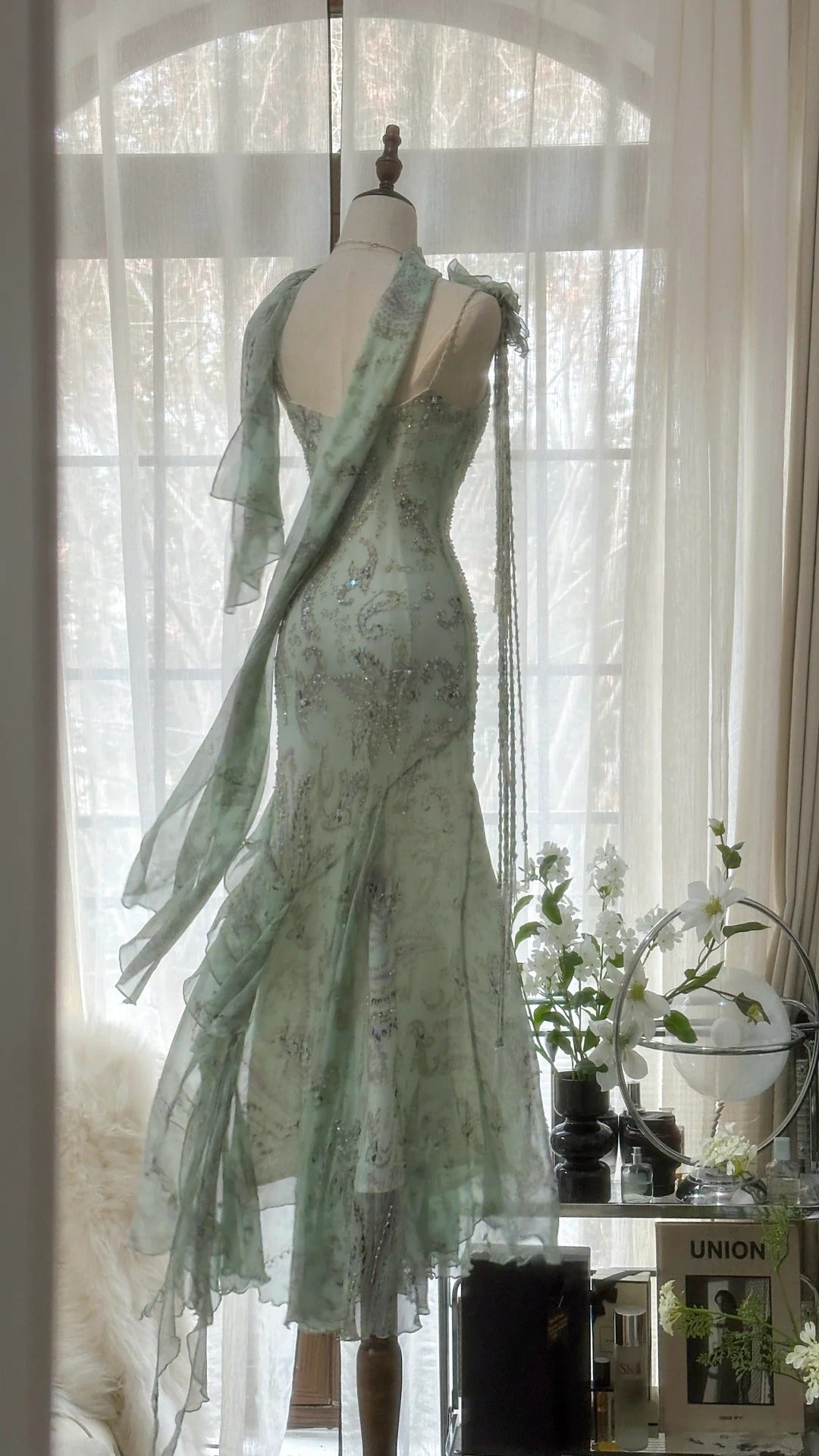 Mint Green Romantic Fashion Elegant Exquisite Beading Spaghetti Straps Long Tulle Chiffon Ruffle Ball Gown Evening Dress Party Dress Secondary image