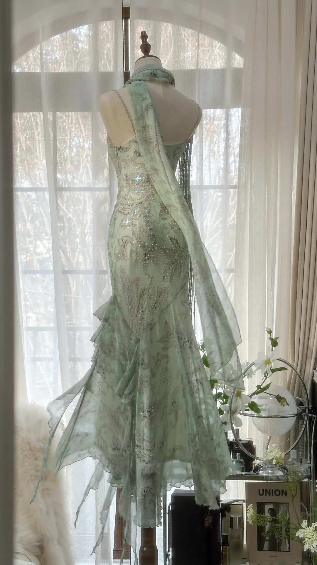 Mint Green Romantic Fashion Elegant Exquisite Beading Spaghetti Straps Long Tulle Chiffon Ruffle Ball Gown Evening Dress Party Dress