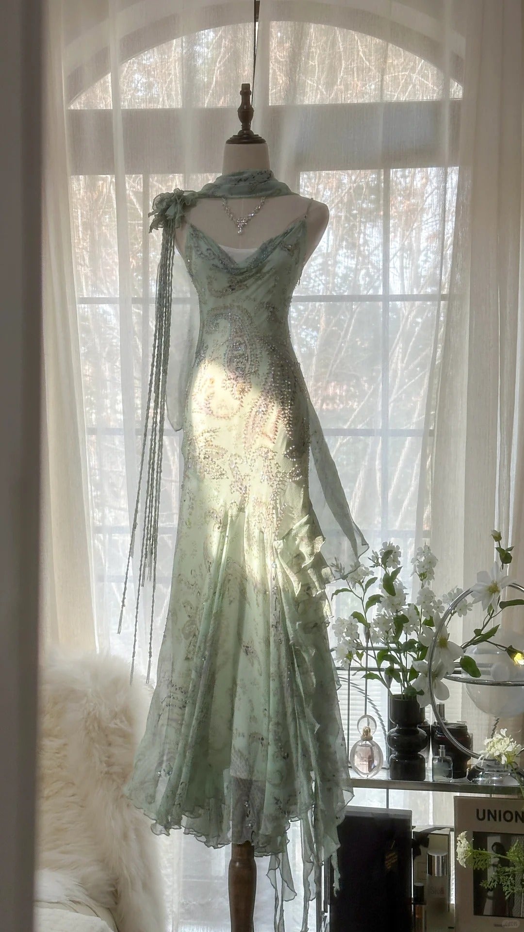 Mint Green Romantic Fashion Elegant Exquisite Beading Spaghetti Straps Long Tulle Chiffon Ruffle Ball Gown Evening Dress Party Dress Main image