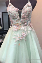 Mint Green Short Homecoming Dress With Flowers, Mini Tulle Graduation Dress With Pearls