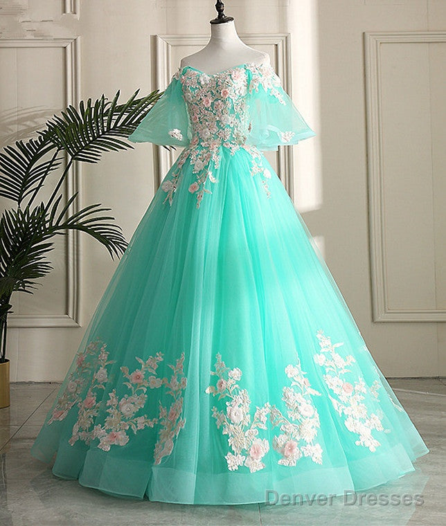 Mint Green Sweetheart Sweetheart Flowers Tulle Formal Dress, Mint Green Formal Dress