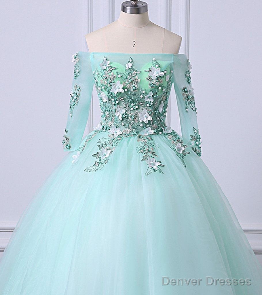 Mint Green Tulle Off Shoulder Long Sleeve Lace Applique Sweet 16 Prom Dress, Formal Dress Secondary image