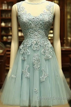 Mint Green Tulle Short Lace Beaded Knee Length Wedding Party Dress, Lovely Homecoming Dress Prom Dress
