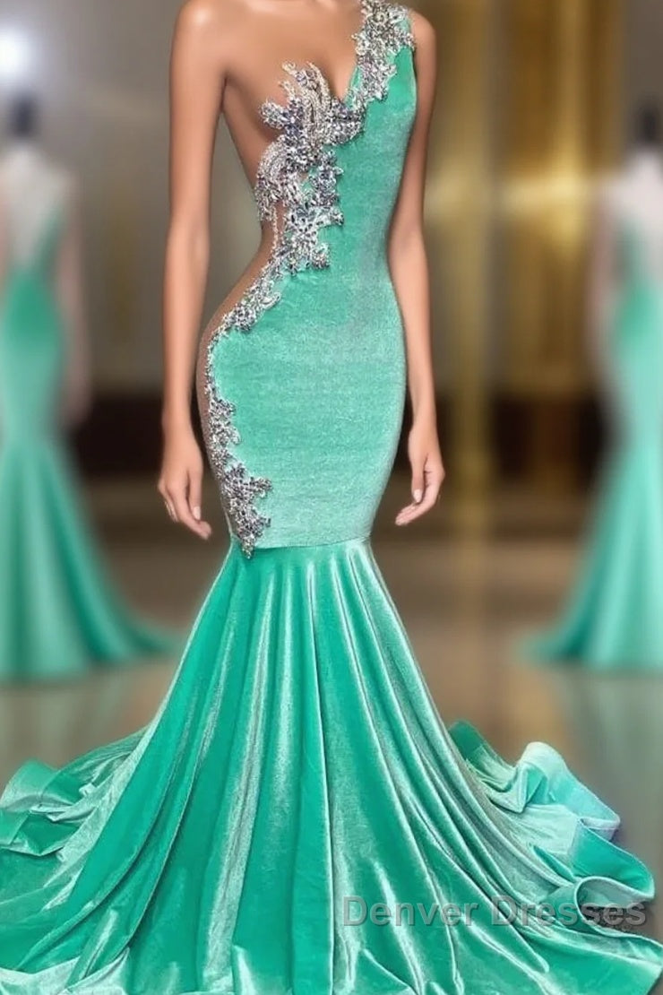 Mint Green Velvet Crstyal Sheer Mermaid Prom Dress Main image