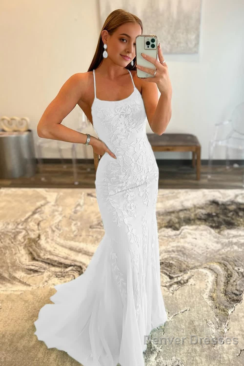 Mint Spaghetti Straps Appliques Prom Dress