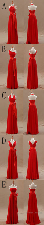 Mismatched Junior Chiffon Red Long A-Line Floor Length Bow Sash Cheap Maxi Bridesmaid Dresses,
