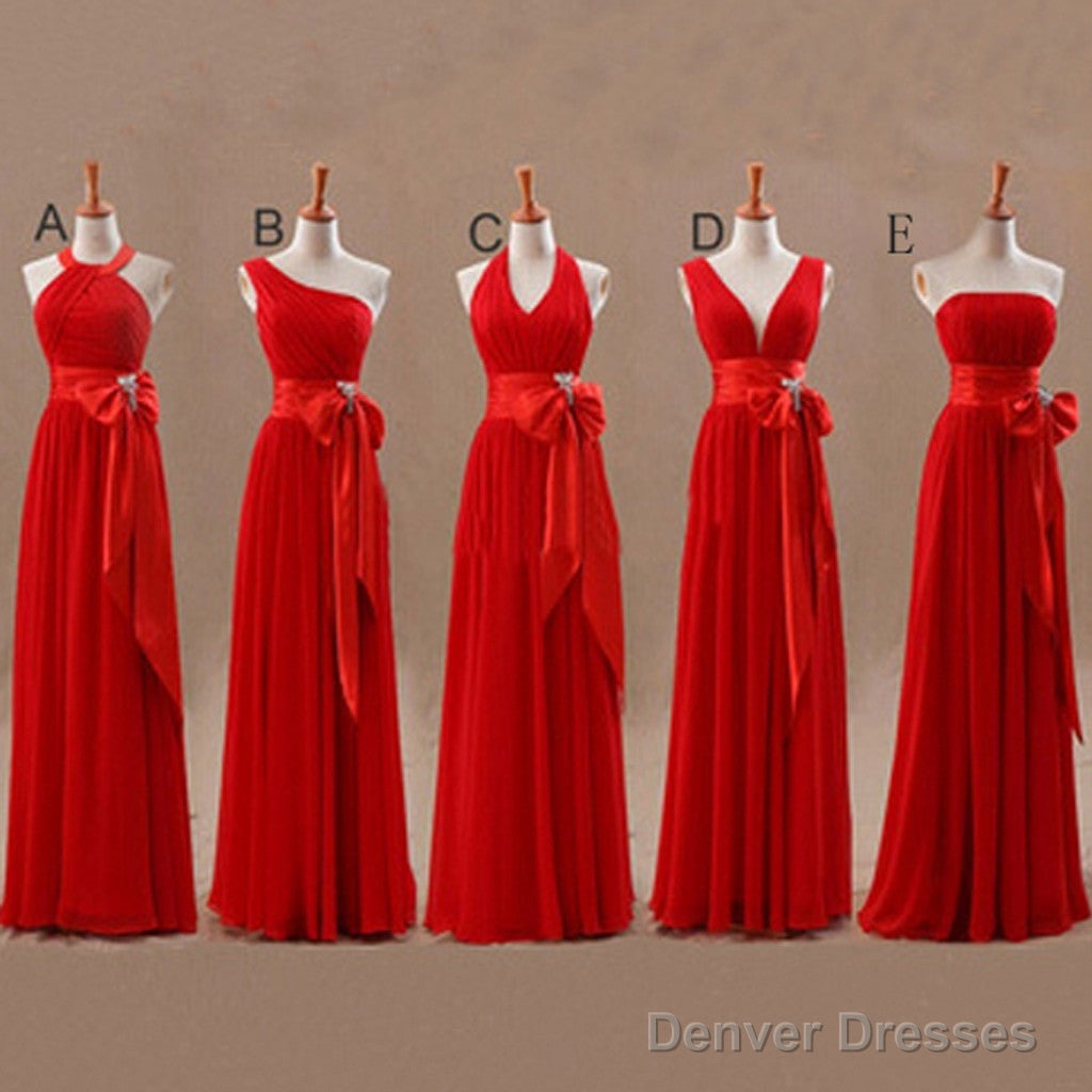 Mismatched Junior Chiffon Red Long A-Line Floor Length Bow Sash Cheap Maxi Bridesmaid Dresses, Main image