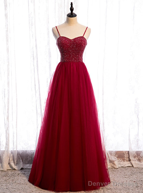 Modern Burgundy Tulle Spaghetti Straps Beading Prom Dress Main image