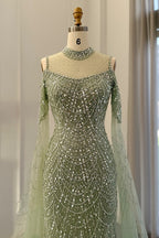 Modern High Neck Pearls Prom Dress Mermaid Long With Ruffle