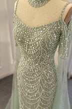 Modern High Neck Pearls Prom Dress Mermaid Long With Ruffle