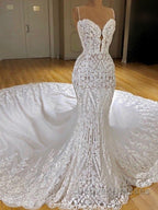 Modern Lace Mermaid Wedding Dress Spaghetti Straps Appliques Bridal Gowns