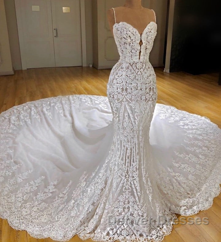 Modern Lace Mermaid Wedding Dress Spaghetti Straps Appliques Bridal Gowns