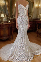Modern Lace Mermaid Wedding Dress Spaghetti Straps Appliques Bridal Gowns