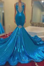 Modern Sequins Appliques V-Neck Sleeveless Long Mermaid Prom Dress