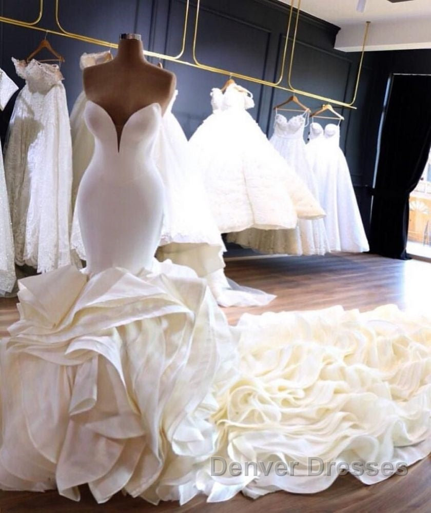 Modern Strapless Mermaid Ivory Wedding Dress Tiered Ruffless Satin Bridal Gowns with Cathedral Train