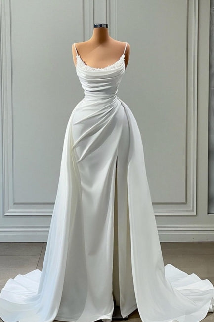 Modern White Spaghetti Straps Wedding Gowns With Beads Long Main image