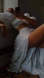 Modest 2 Pieces Sequin White Prom Dress 22Th Birthday Outfit