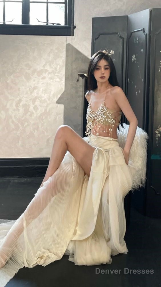 Modest 2 Pieces Strapless Long Champagne Tulle Prom Dresses Secondary image