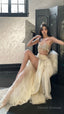 Modest 2 Pieces Strapless Long Champagne Tulle Prom Dresses