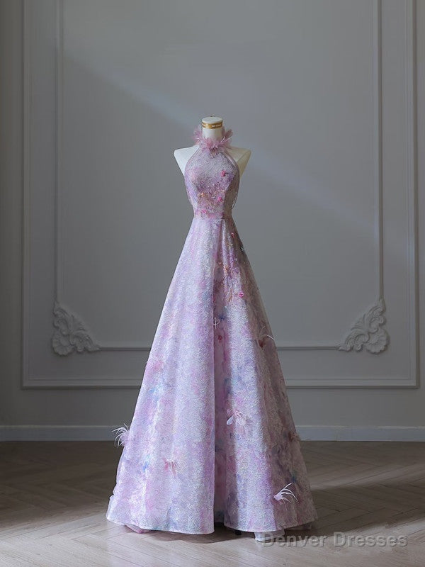 Modest A Line High Neckline Lilac Lace Tulle Flowers Evening Dress Prom Dresses Main image