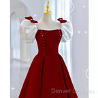 Modest A Line Long Short Sleeves Satin Red Prom Dress