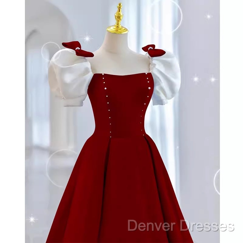 Modest A Line Long Short Sleeves Satin Red Prom Dress