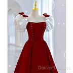 Modest A Line Long Short Sleeves Satin Red Prom Dress