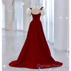Modest A Line Long Short Sleeves Satin Red Prom Dress