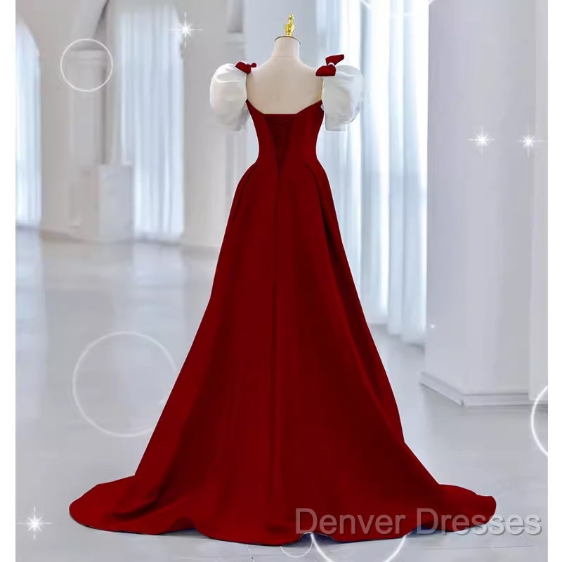 Modest A Line Long Short Sleeves Satin Red Prom Dress