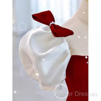 Modest A Line Long Short Sleeves Satin Red Prom Dress