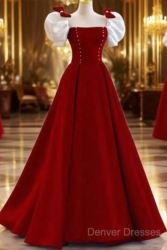 Modest A Line Long Short Sleeves Satin Red Prom Dress Main image