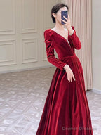 Modest A Line Long Sleeves Red Satin Evening Dress Prom Dresses
