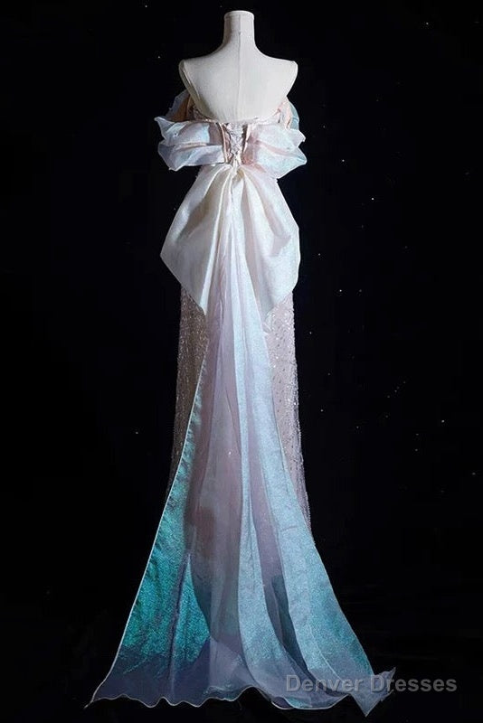 Modest A Line Off The Shoulder Pink Sequin Long Floor Length Pearls Prom Dresses Secondary image