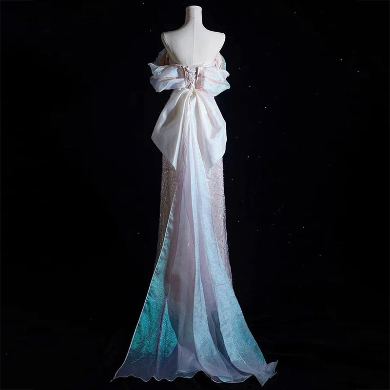 Modest A Line Off The Shoulder Pink Sequin Long Floor Length Pearls Prom Dress