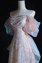 Modest A Line Off The Shoulder Pink Sequin Long Floor Length Pearls Prom Dresses