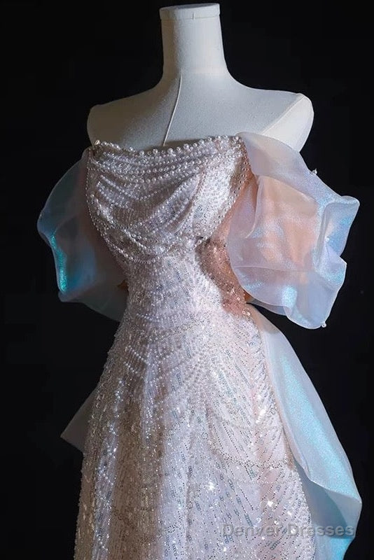 Modest A Line Off The Shoulder Pink Sequin Long Floor Length Pearls Prom Dresses